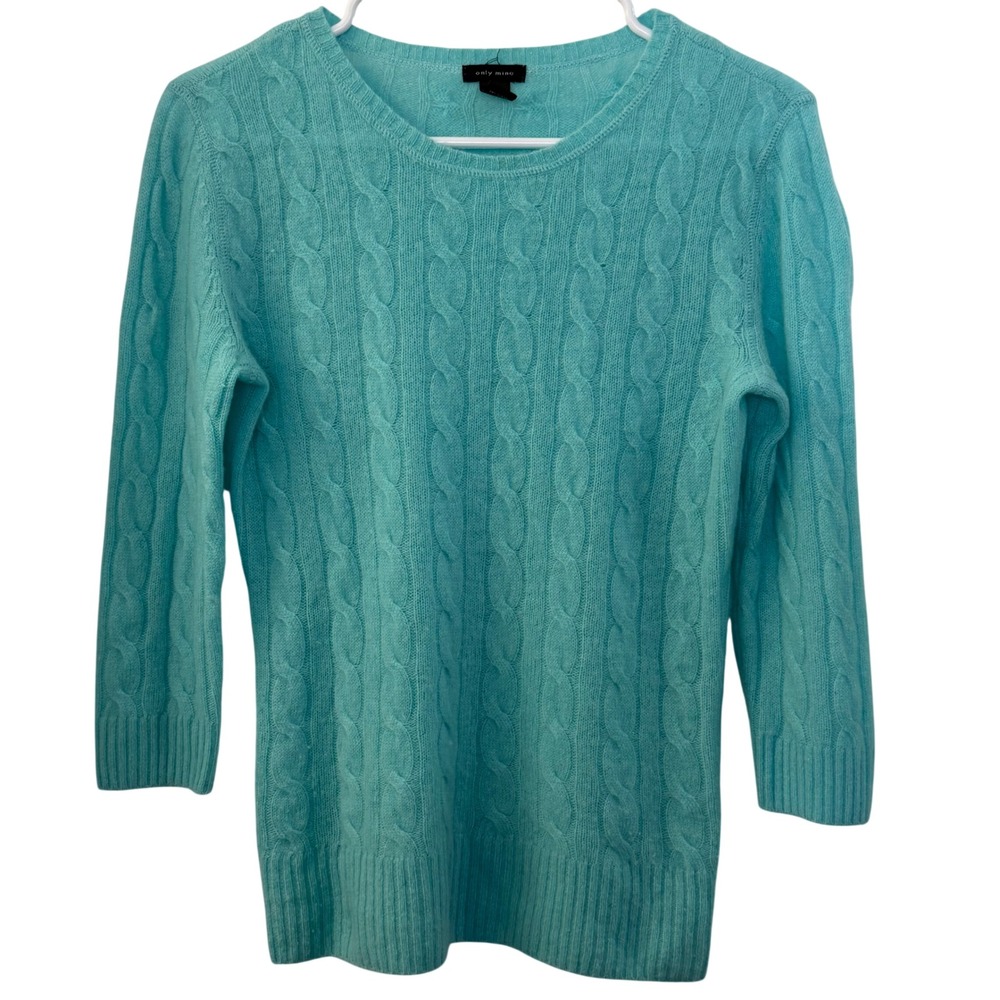 Only Mine Aqua Blue 100% Cashmere Cable Knit 3/4 Sleeve Sweater‎ Womens Small